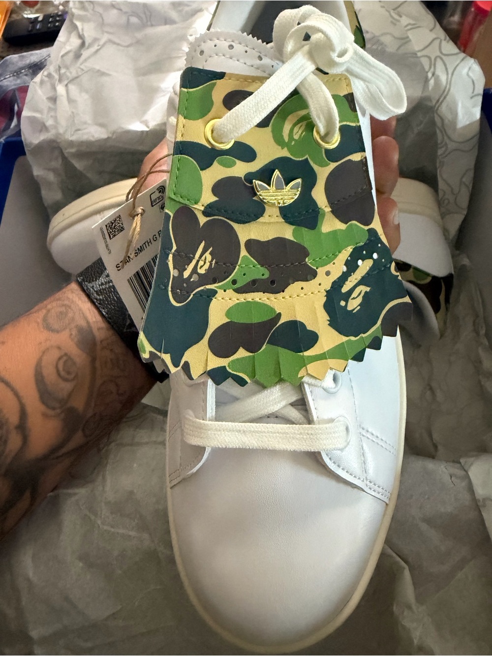 adidas bape White Sneakers with Green Camo Fringe Accent